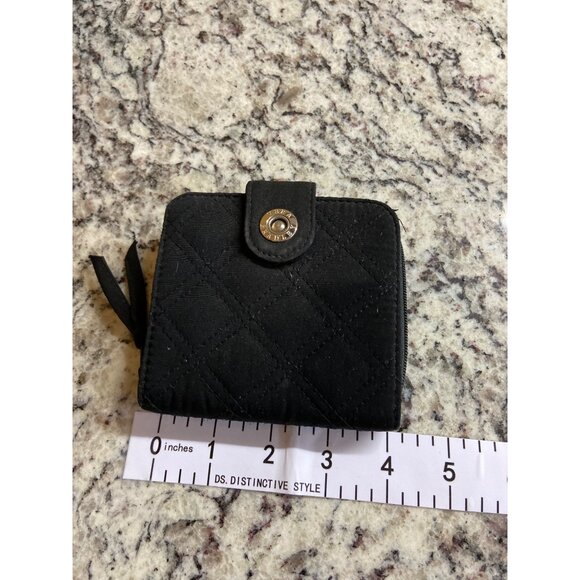 Vera Bradley Black Quilted Snap Wallet ID Case Compact Zip Coin Purse Minimalist - Picture 2 of 6